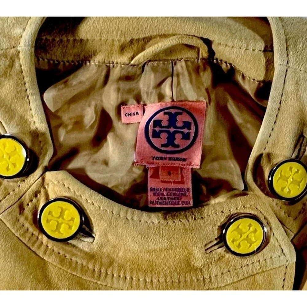 Tory Burch Mustard Yellow Suede leather Double-Breasted Jacket 3/4 Sleeve Size 6